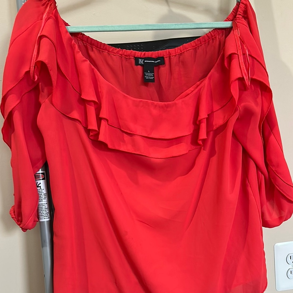 INC International Concepts Red Ruffled 3/4 Sleeve Blouse